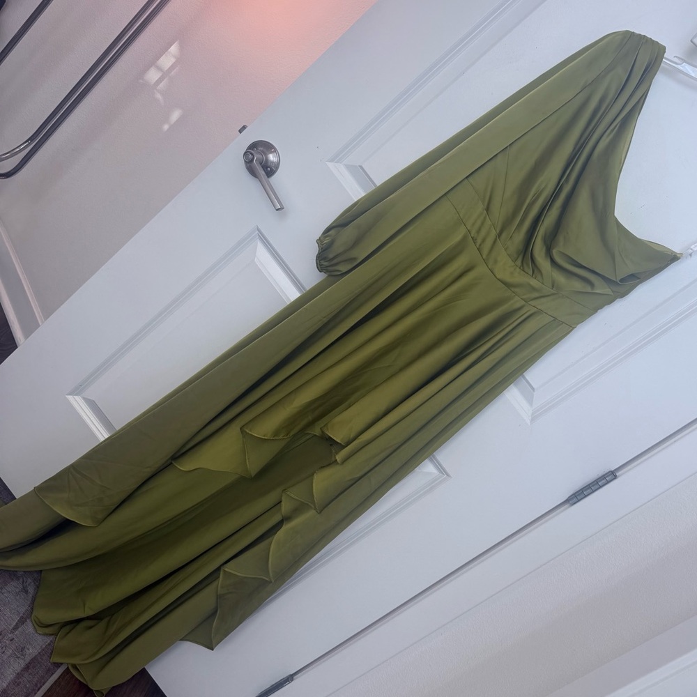 Ieena for Mac Duggal One Shoulder A-Line Long Sleeve High Chartreuse Satin Dress - Picture 5 of 15